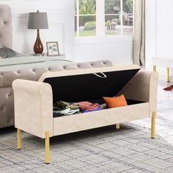  Upholstered Storage Bench for Bedroom End of Bench Ottoman, Modern Armed Entryway Bench Settee Long Bedroom Bench Couch for Living Room-Beige