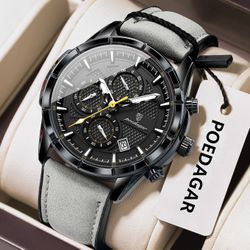 POEDAGAR 692 Men’s Luxury Chronograph Quartz Watch | Genuine Leather Strap | Waterproof | Luminous | Business & Casual Wristwatch