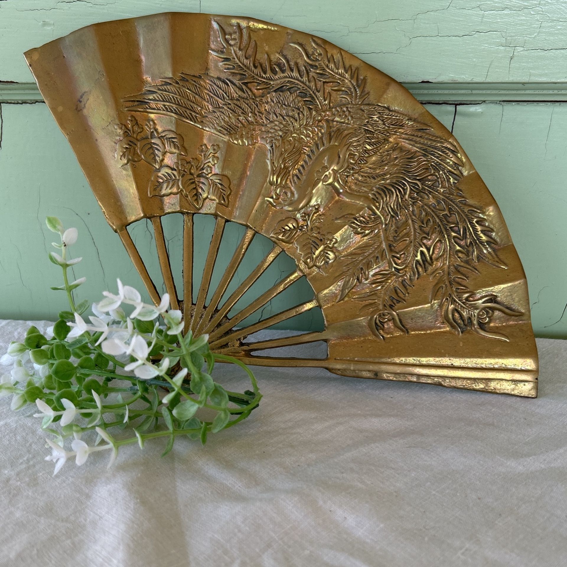 Vintage Solid Brass Dragon Paper Fan 11.75" Wide
