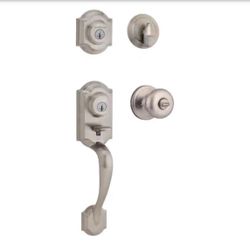Kwikset Montara Satin Nickel Single Cylinder Door Handleset with Juno Entry Door Knob Featuring SmartKey Security