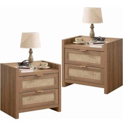 Set of 2 - Rattan Nightstands with Type-C Charging Station, 2 Rattan Drawers - Boho Bed Side Tables
