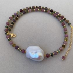 Tourmaline choker with baroque white pearl 925