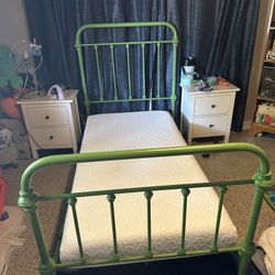 Green Metal Twin Bed With Mattress 