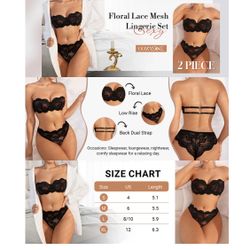 Women's 2 Piece Exotic Lingerie Set Floral Lace Mesh Sheer Strapless Bra and Panty Set