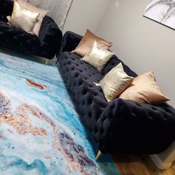 4 Piece Living Room Set Sofa Loveseat Chair And Ottoman Black Velvet Firm Price $2,460 All Around Tufted 