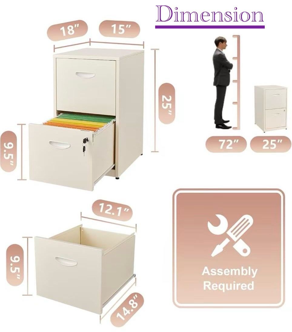 🥨2 Drawer File Cabinet with Lock, Locked Filing Cabinets for Office, Small File Cabinets for Under Desk, Metal Files Cabinet for Hanging Letter 