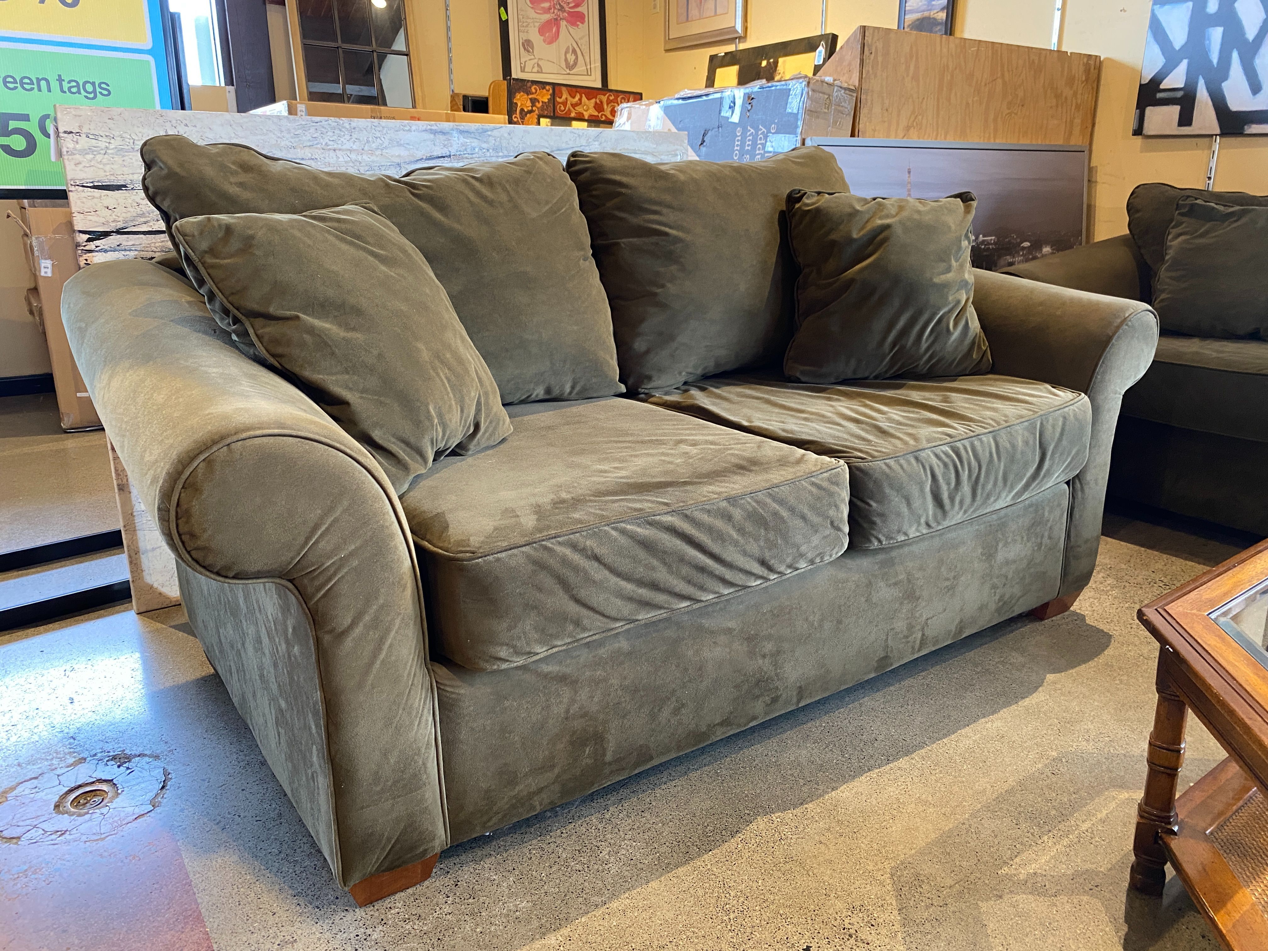 Cozy Olive Green Loveseat with Rolled Arms