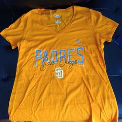 Women's M Padres Majestic V-neck Tee Gold Silver