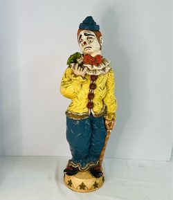 Vintage Large Sad Clown Figure Statue- Hand- Painted Chalkware/ Plaster Circus Decor , 25” tall.