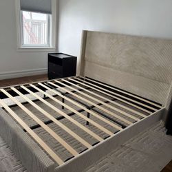 King Size Corduroy Platform Bed with Vertical Wingback 