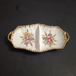 Vintage Porcelain Divided Relish/Candy Dish, Gilded Scalloped Edges, Loop Handles Textured Rose & Forget-Me-Nots Pattern 7.75 x 4.5"