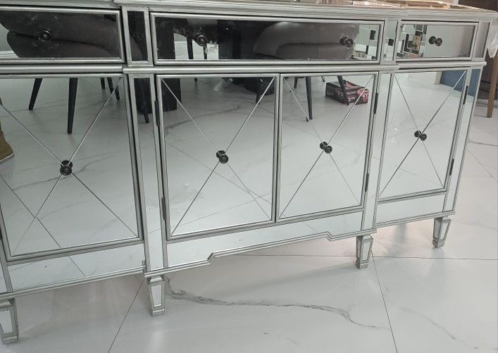 Mirrored Buffet Cabinet with Storage & Wine Rack