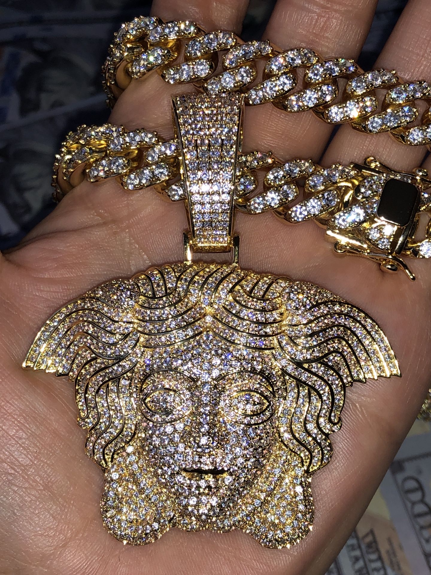 Iced out 14k gold filled Miami cuban link chain Medusa pendant Created Diamonds