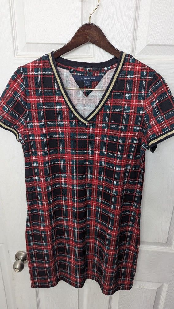 Tommy Hilfiger Plaid Metallic-Trim V-Neck Dress