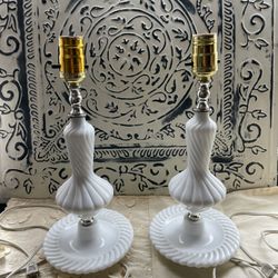 Milk Glass Vintage White Swirl Table Lamp Set 