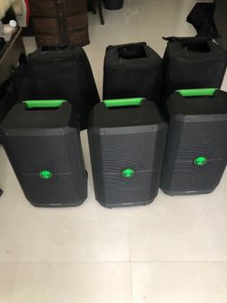 Battery Powered With Covers Mackie Thump-Go 2-XLR inputs one 1/8” input 4-Voicing Modes Feedback Eliminator and Bluetooth Speaker and outside devices.