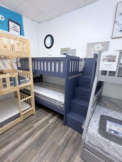 Bunk Bed with Storage Stairs - Available in blue, grey, white