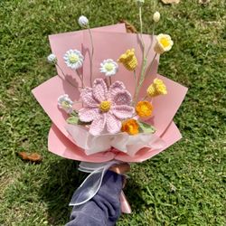 Crochet pink Cosmos and yellow lily of the valley