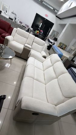 White Fabric Reclining Sectional Sofa Set