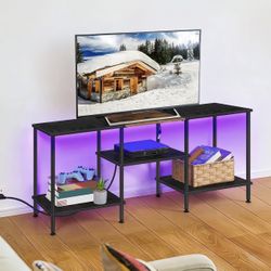 Black LED TV Stand for 32/40/50 Inch TV Small Entertainment Center with Storage, Power Outlet and LED Lights, TV Media Console Table Television Stands
