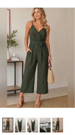 Kaileigh Green Striped Wrap Jumpsuit size small