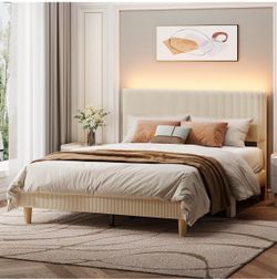 Queen Bed Frame with Headboard,Platform Queen Size Bed Frame with LED Lighting,Bed Frame Wooden Slats Support,No Box Spring Needed,Never Squeaks, Easy