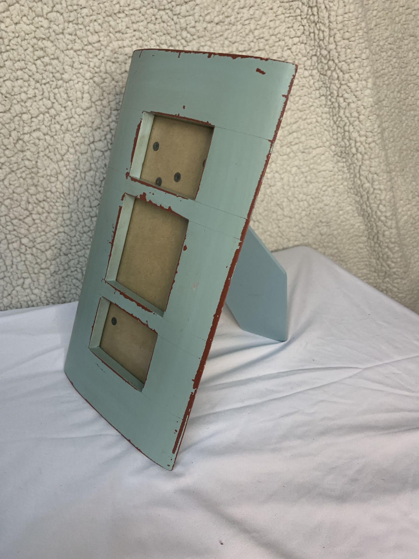 Vintage Shabby Chic Triple Photo Frame 10.5”x5.5” | Distressed Aqua & Red Wood