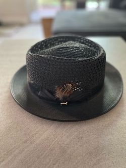 Black Woven Fedora Hat with Feather Accent