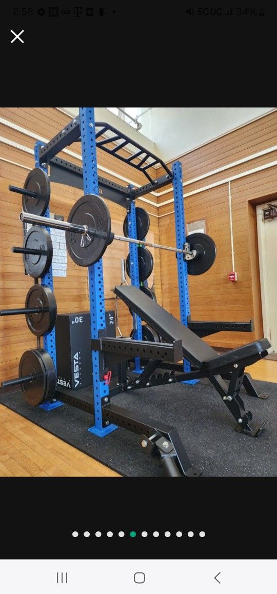 ➕️COMPLETE POWER RACK PACKAGE. RACK ADJUSTABLE BENCH ADVANCE OLYMPIC BARBELL FULL SET OF BUMPER PLATES ( BRAND NEW IN THE BOX )