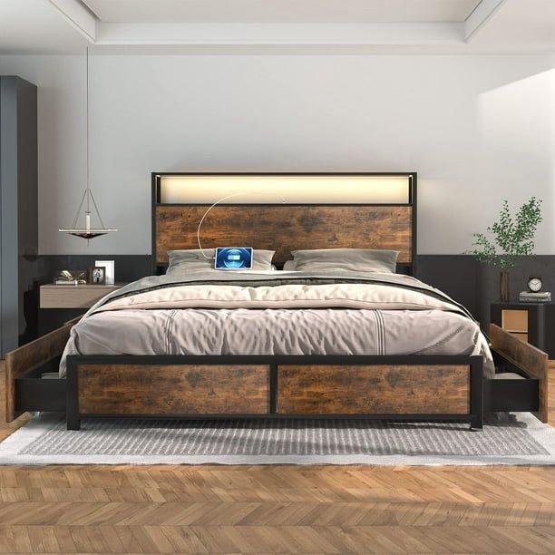 New King Bed Base with Charging Station and LED Lights, Metal Bed Frame with 4 Storage Drawers and Headboard, No Box Spring Needed, Easy Assembly, No