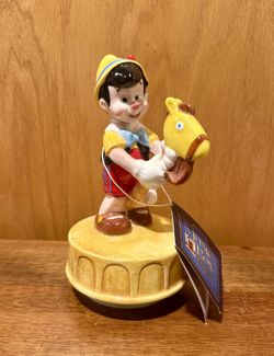 Vintage Schmid Pinocchio Ceramic Music Box Figurine with Rocking Horse Working