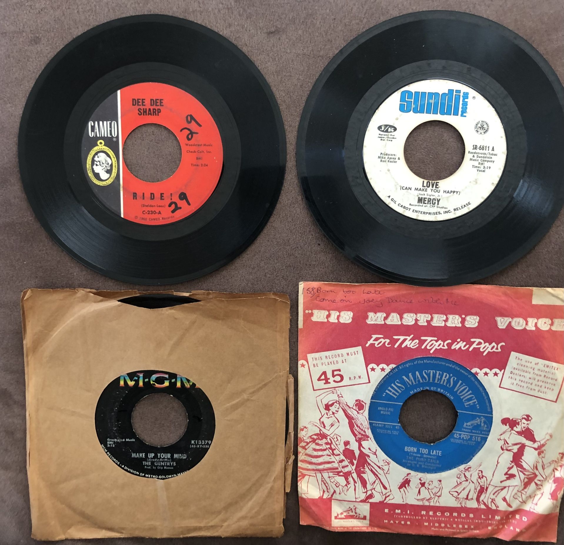 4 Vinyl 45 Records-Dee Dee Sharp-The Gentry’s-Mercy-The Pony Tails-GC