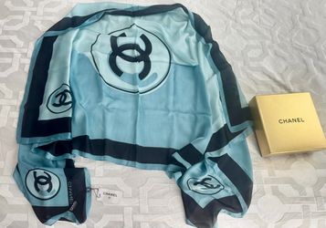Authentic Chanel Stole Shawl Scarf turquoise/blue/black 14S Large 100% Silk New