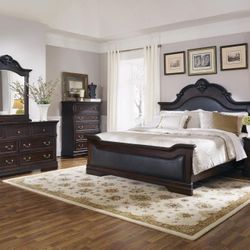 4 piece QUEEN SIZE BEDROOM SET BED DRESSER NIGHTSTAND MIRROR - JUEGO RECAMARA