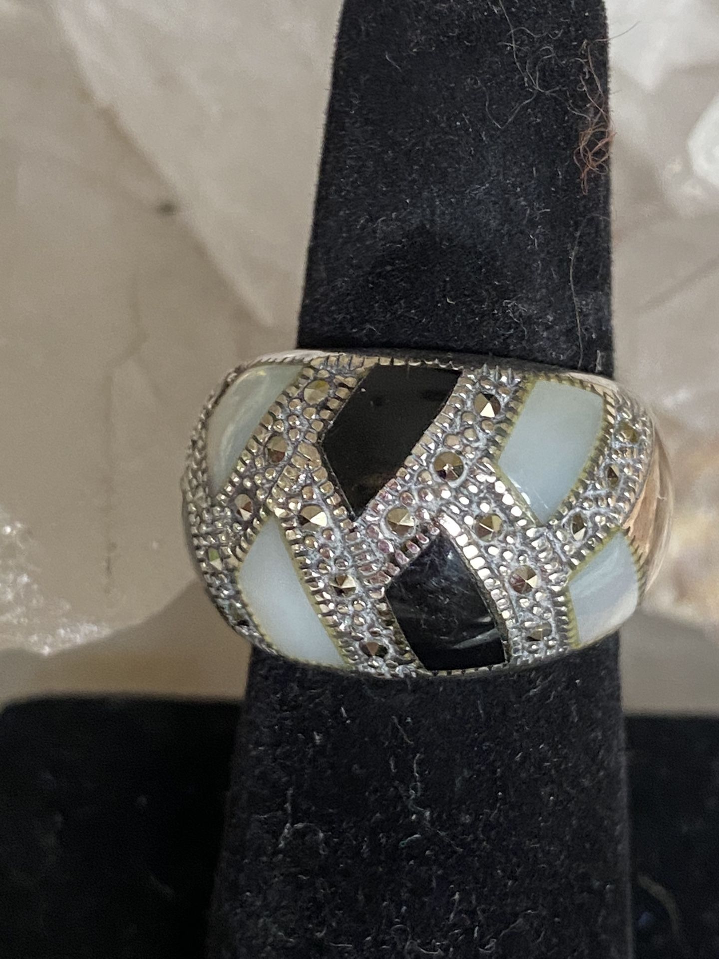 Beautiful vintage Sterling Silver Moonstone Onyx Marcasite Ring.