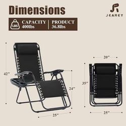 🥨2Pcs JEAREY Zero Gravity Chairs, Patio Adjustable Recliners, Black 300 lbs Capacity, Steel Frame and Textilene Fabric with Locking Recline, Removabl