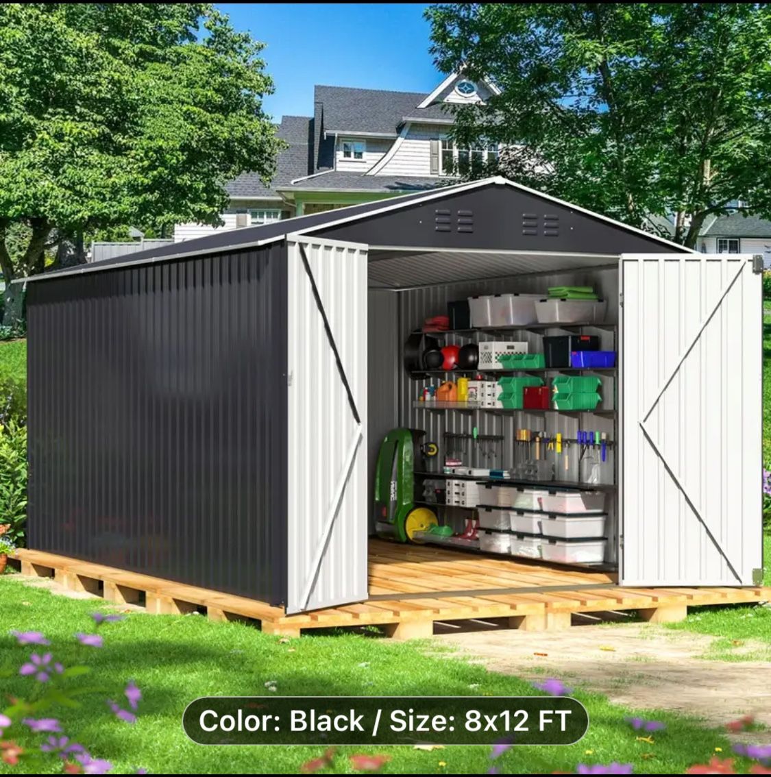 Polar Aurora 8 x 12 FT Outdoor Storage Shed, Metal Garden Shed with Updated Frame Structure, Tool Sheds for Backyard Garden Patio Lawn