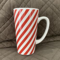 New! Tall mug with red and white diagonal stripes by California Pantry.