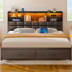BF025-Bed Frame King Size with Drawers and Charging Station, Upholstered Platform Bed with Storage Headboard and LED Light, Heavy Duty Metal Frame Sup