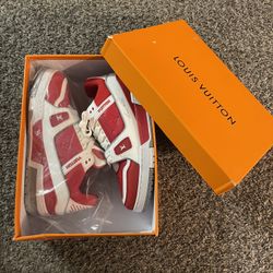 Louis Vuitton red and white sneakers with LV monogram, size US 10.5