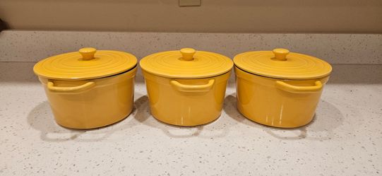 Set of 3 Yellow Ceramic Mini Cocottes with Lids