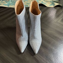 Silver Rhinestone Pointed-Toe Ankle Boots