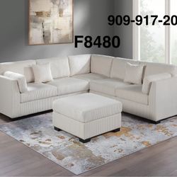 BEIGE CORDUROY SECTIONAL SOFA WITH OTTOMAN 