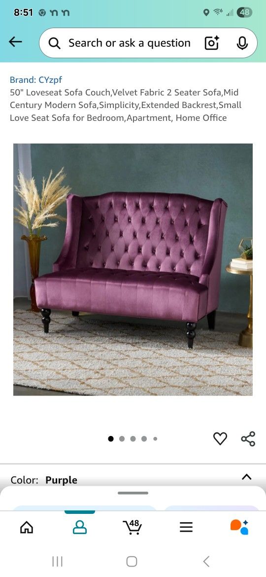 2 Seater Velvet 50 Inch Couch
