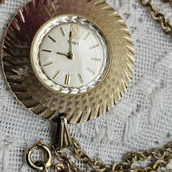 Vintage 1967 Timex Pendant Watch Goldtone Manual Wind WORKS 24 in Chain