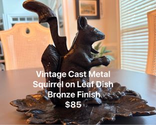 Vintage Cast Metal Squirrel on Leaf Dish