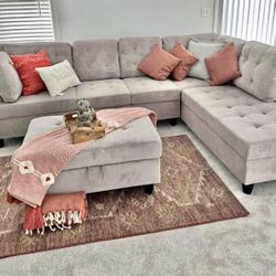 COSTCO Gray Chenille Sectional Couch And Ottoman