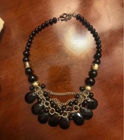 Elegant Black Beaded Statement Necklace with Gold Accents