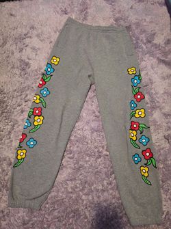 Krooked Skateboards Strait Ride sweatpants joggers - Grey with Wildstyle Flowers down both legs