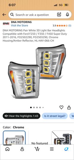 DNA MOTORING Pair White 3D Light Bar Headlights Compatible with Ford F250 / F350 / F450 Super Duty 2011-2016, FO, FO, Chrome Housing/Amb